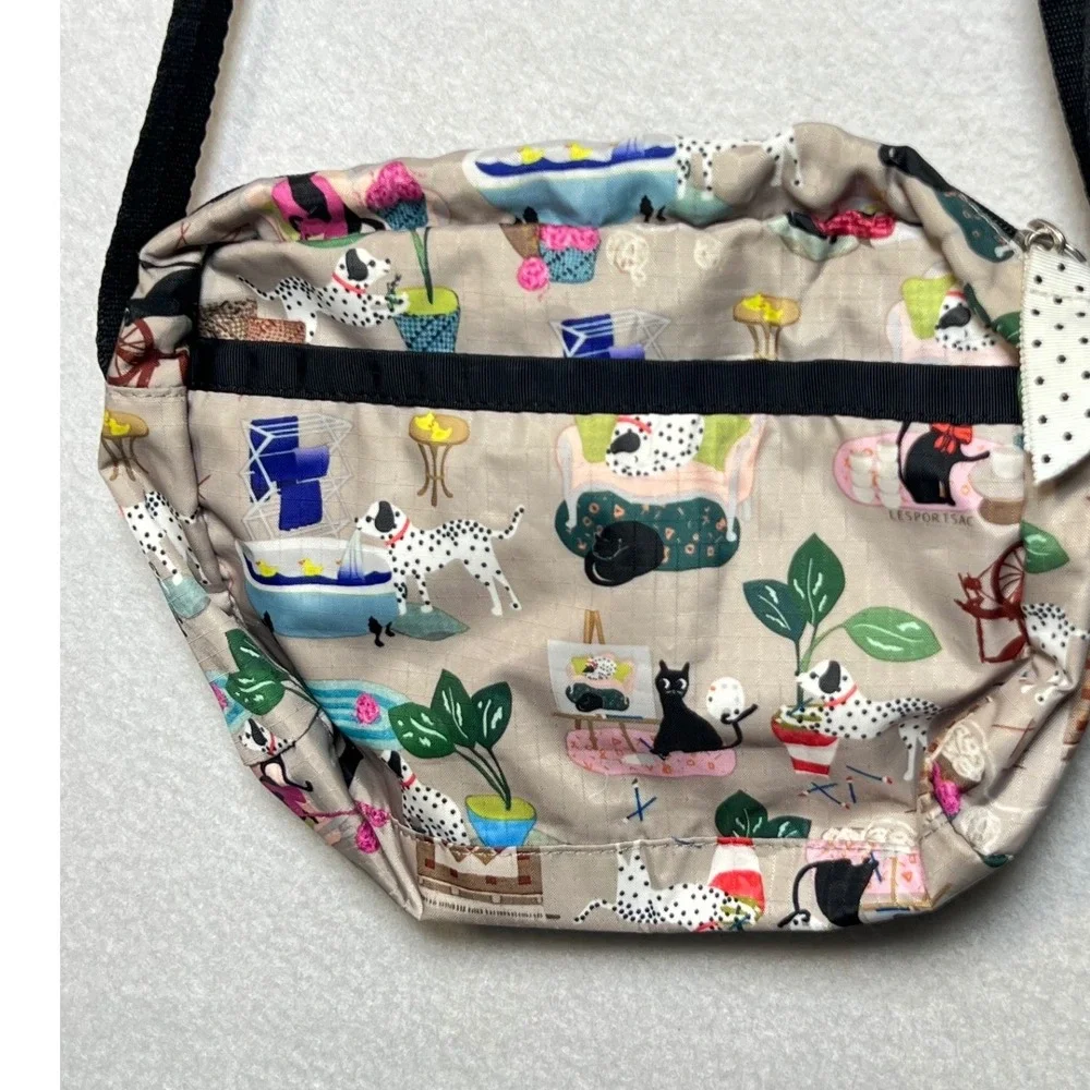 LeSportsac Womens Crossbody Bag Cat Dog Novelty Print Small Tan Nylon Messenger